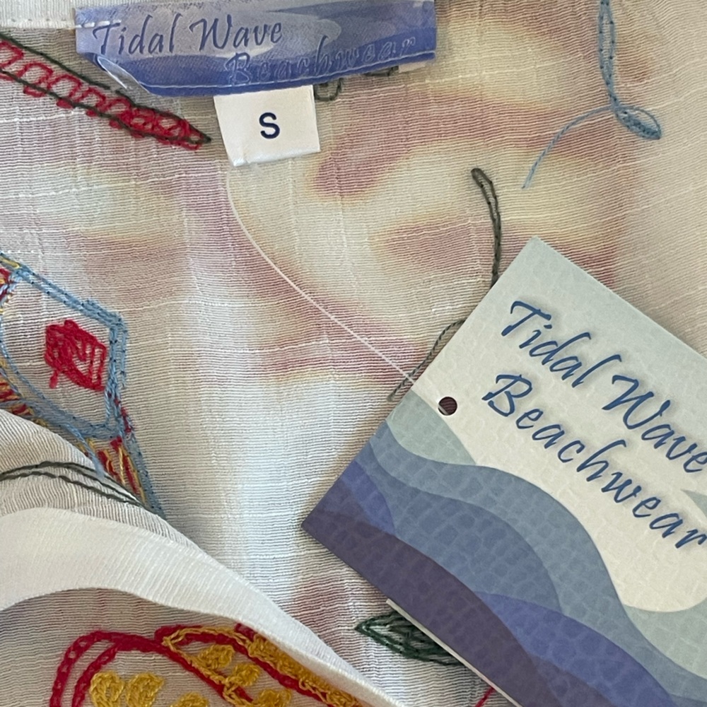 Coastal Embroidered Beach Cover Up Midi Shirt Dress Ocean Theme Lemons Resort S - Picture 3 of 14